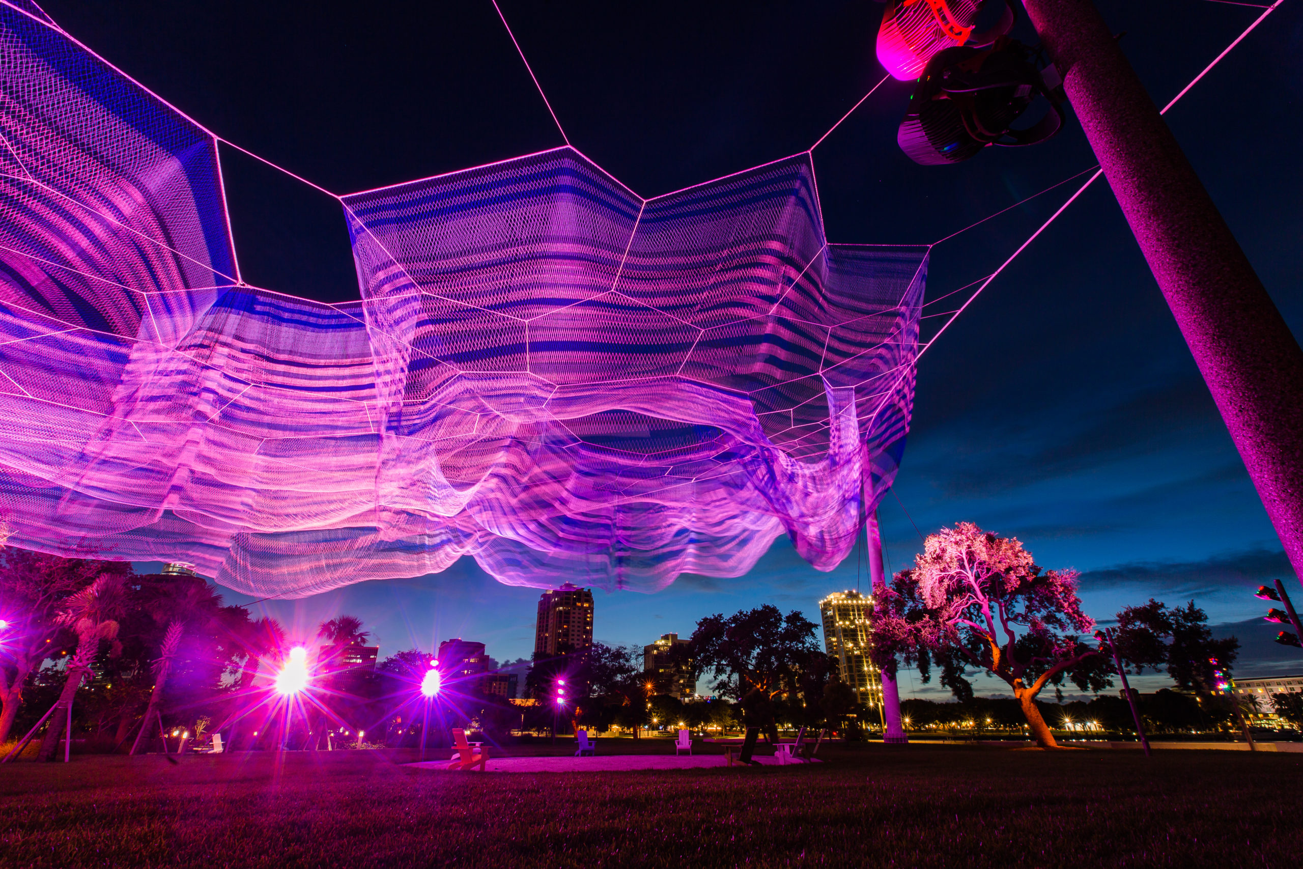 net sculpture glows at night