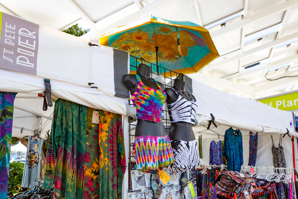 display of colorful tie dye dresses